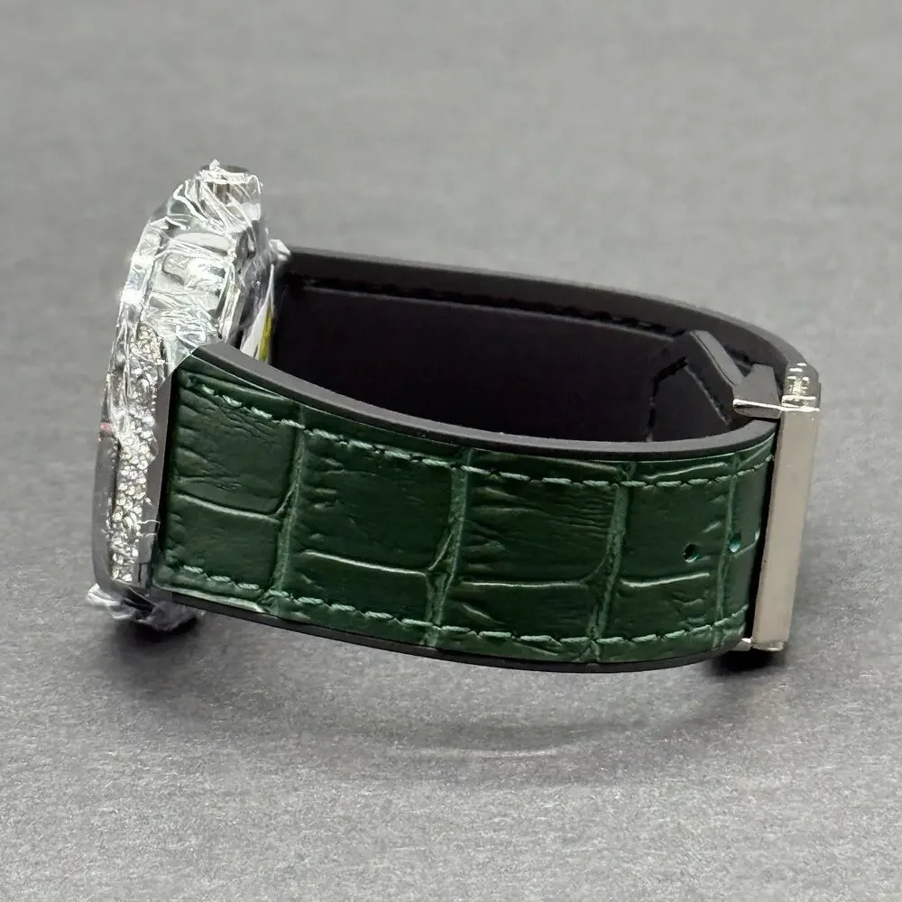 Iced Out Watch Silver Tone Green Leather Band Arabic Dial Baguette Bezel NEW